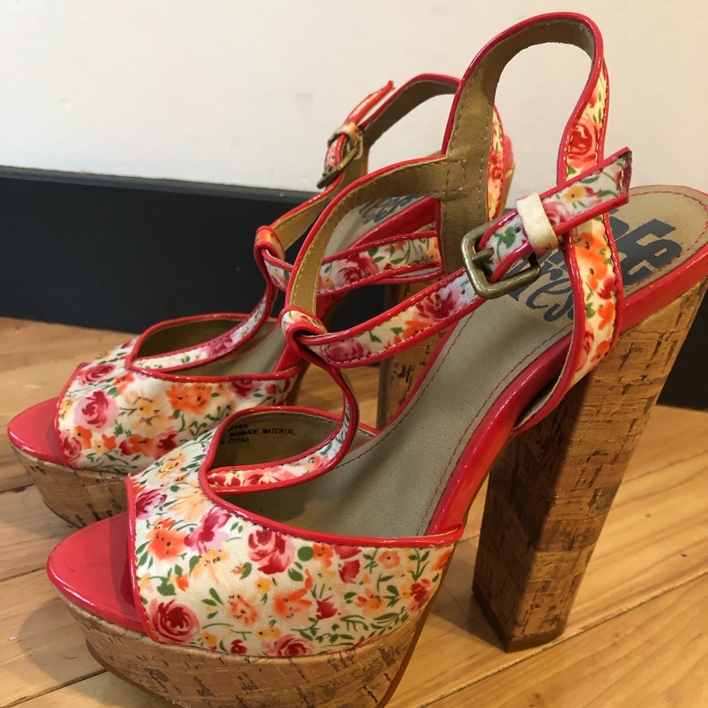 Free Press Strappy Floral Corked Heels